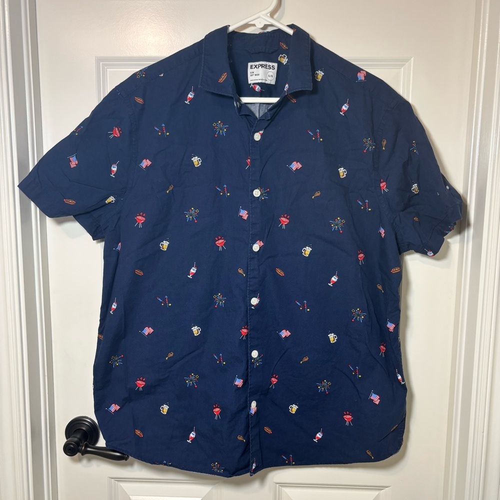 Express Men’s Short Sleeve Button Down Shirt USA 4th of July Red, White, Blue XL